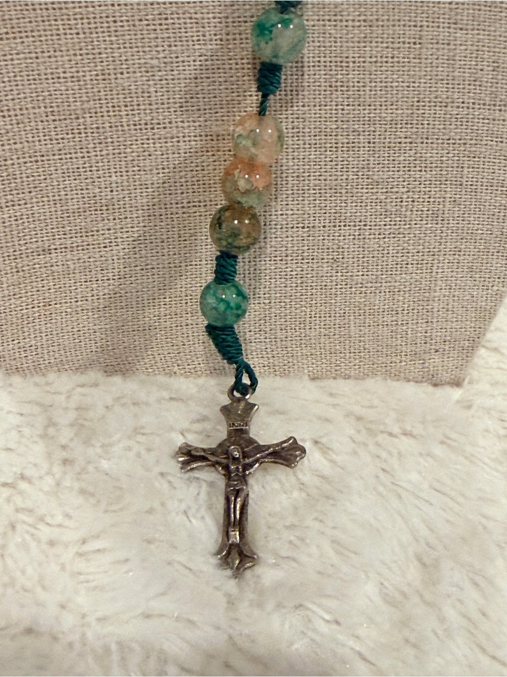 handcrafted Catholic rosary green & brown Indian agate beads, Miraculous Medal - Picture 6 of 7